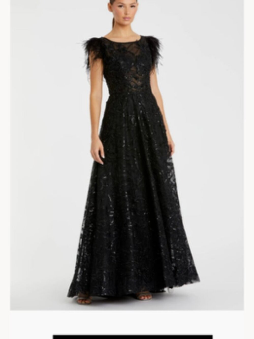 Mac Duggal Embellished Feather Cap Sleeve Bateau A Line Gown. Full Length Dress